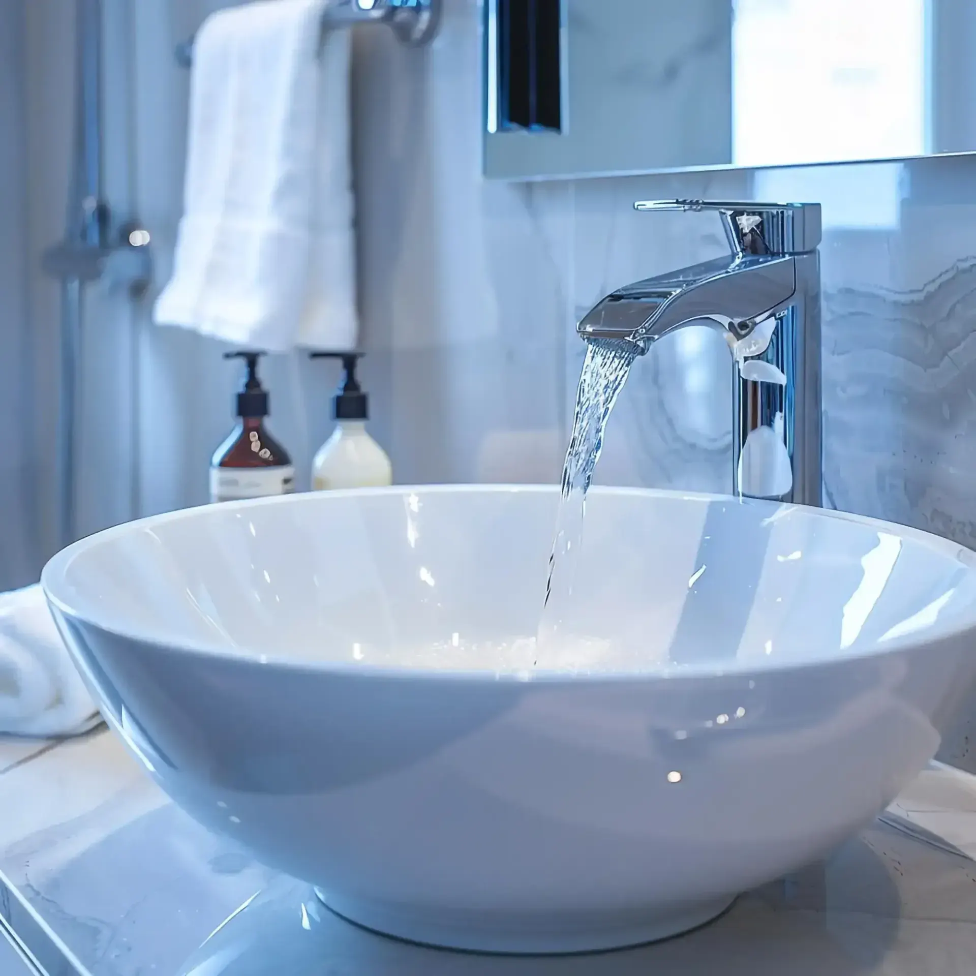 Water pouring from a chrome mixer tap into a white vessel basin