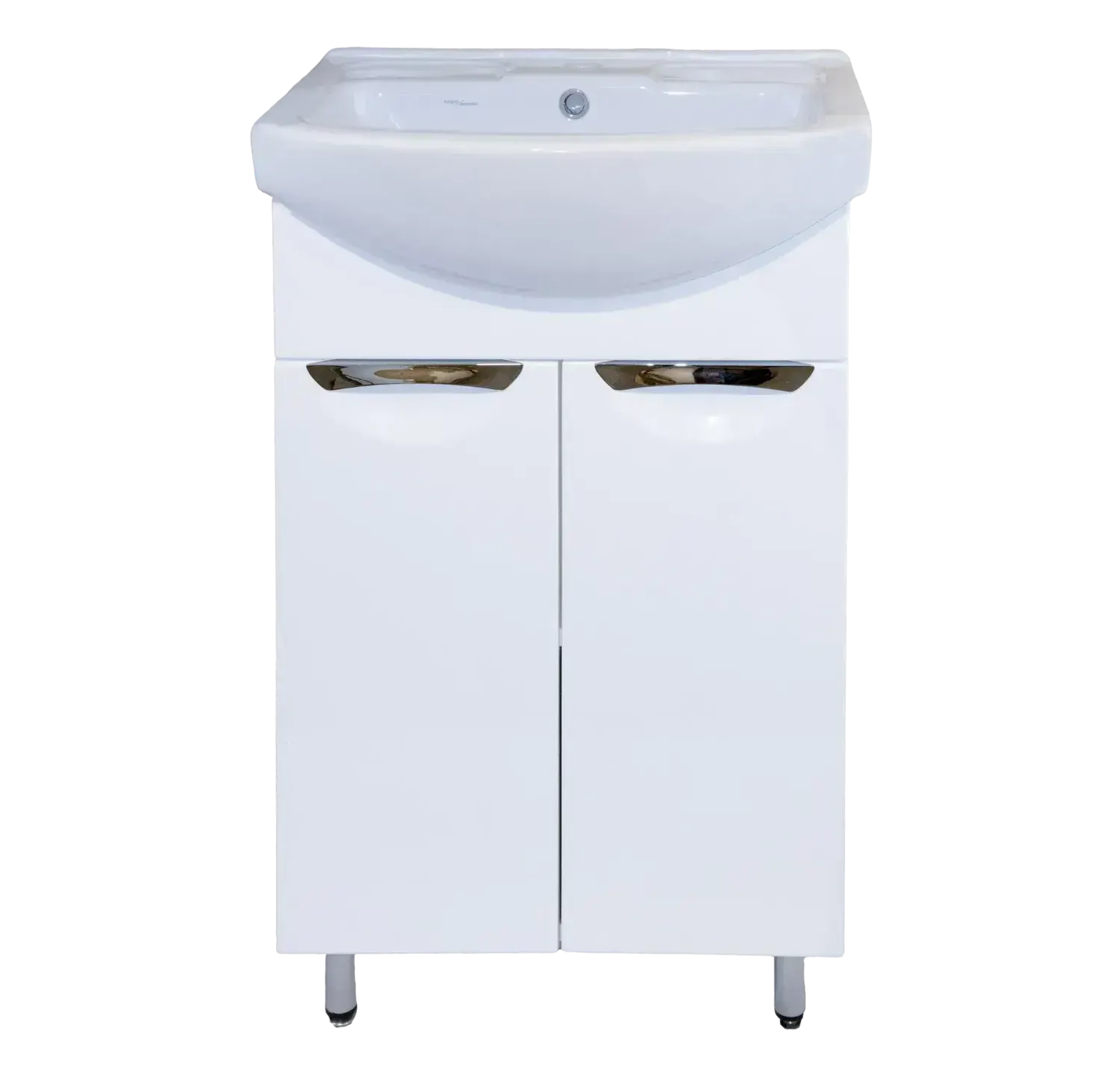 White bathroom vanity cabinet with a ceramic sink basin and chrome handles
