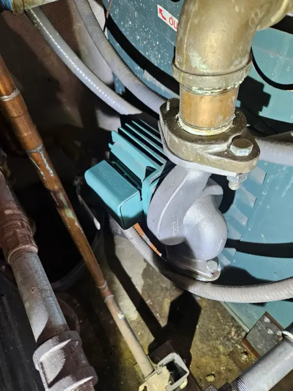 New bronze circulating pump installed on the return line of a commercial boiler