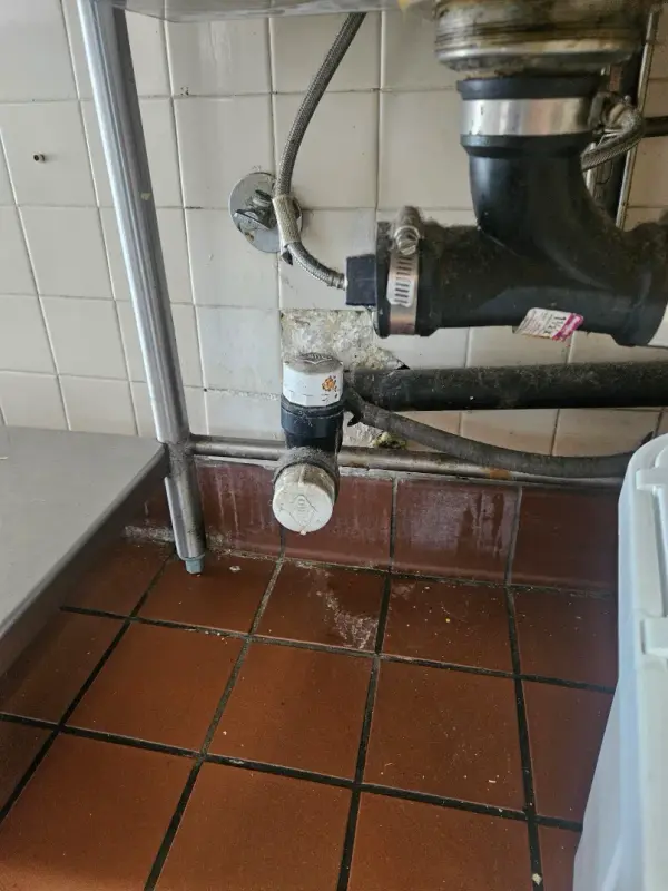 Cleanout and waste arm under a commercial kitchen sink on a quarry tile floor