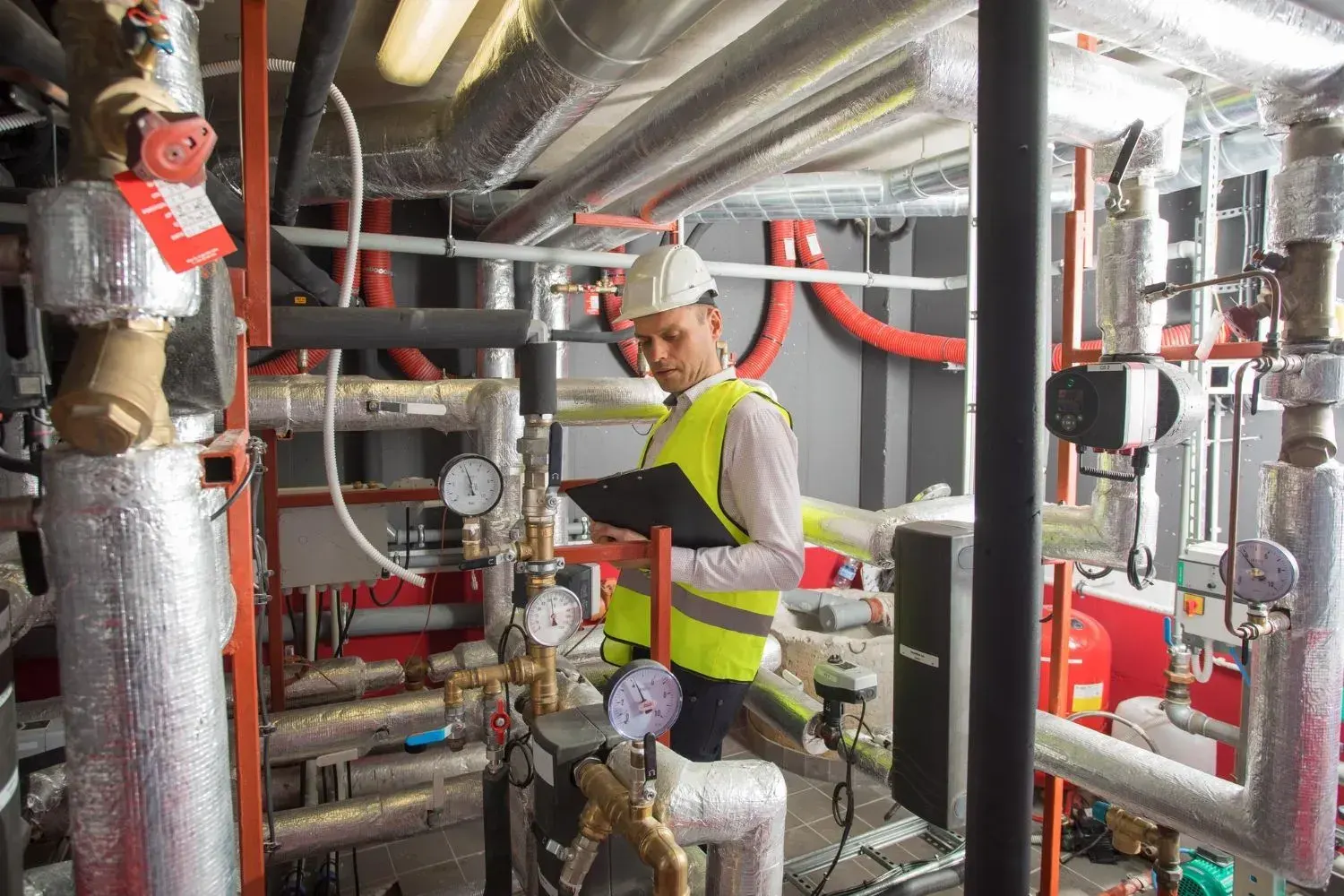 Inspector in hard hat and safety vest checking pressure gauges in a commercial mechanical room