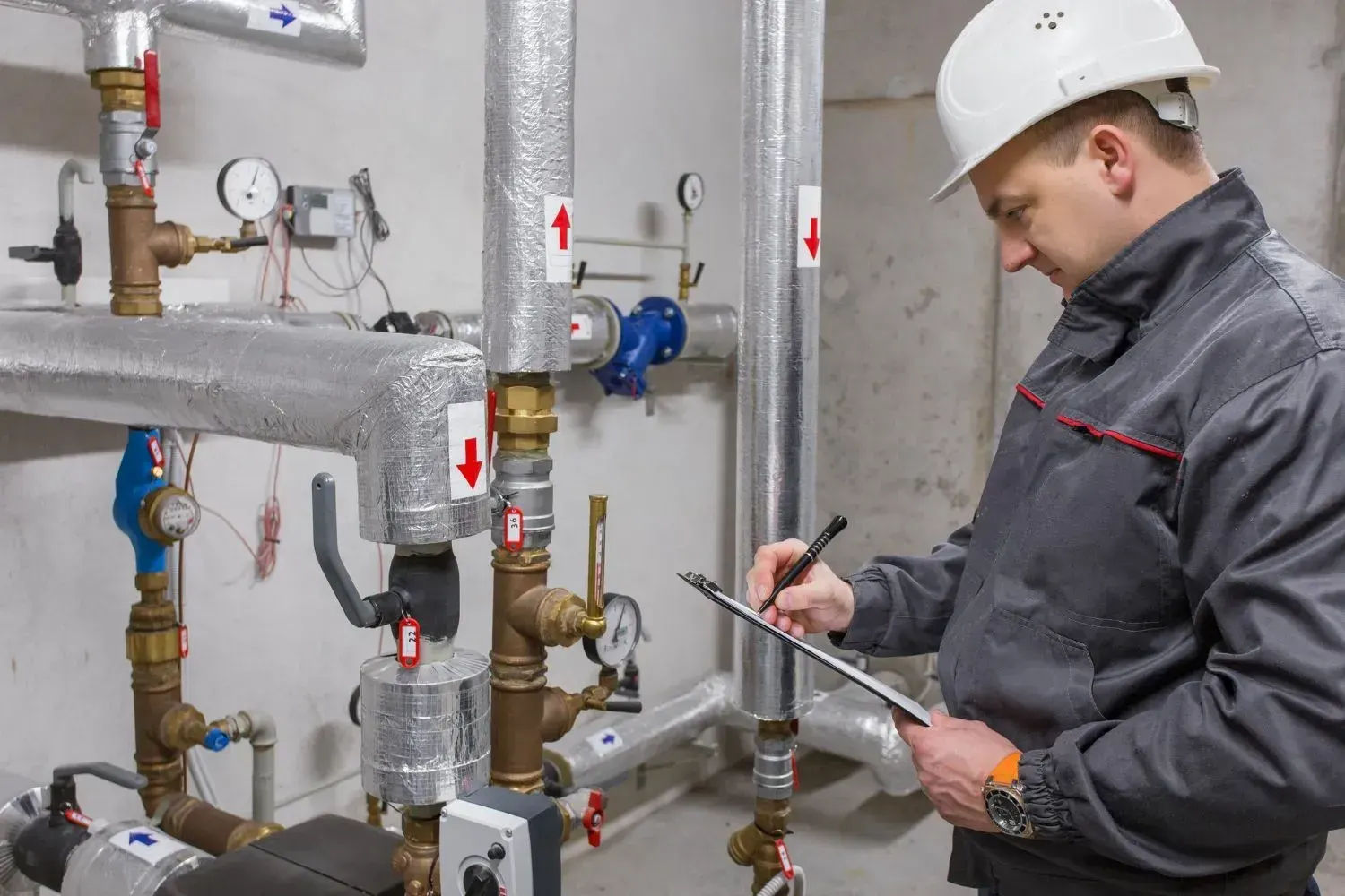 Technician in a hard hat writing on a clipboard while inspecting insulated pipes and pressure gauges