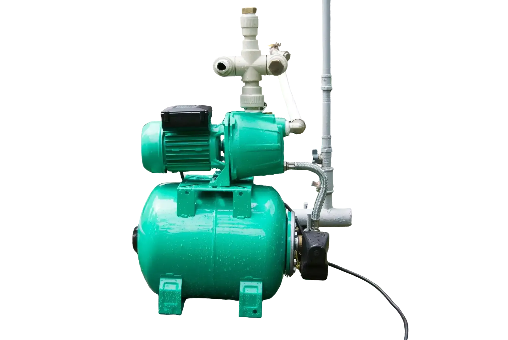 Green booster pump on a pressure tank, piped to a gray supply line with a braided hose
