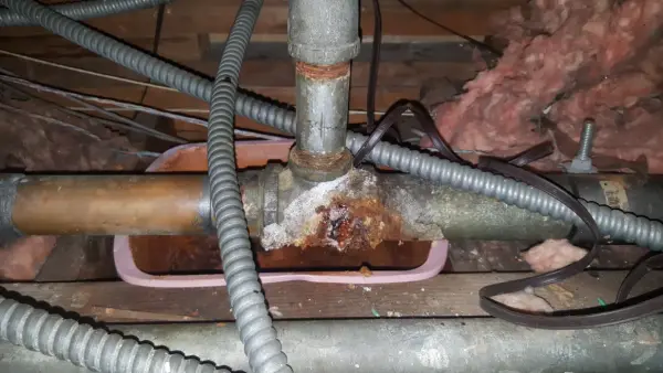 Corroded copper-to-galvanized transition fitting leaking above a drip pan in an attic