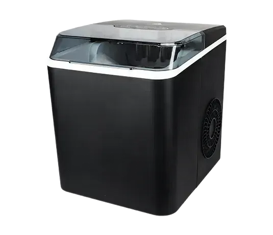 Black countertop ice maker with a clear lid and side vent