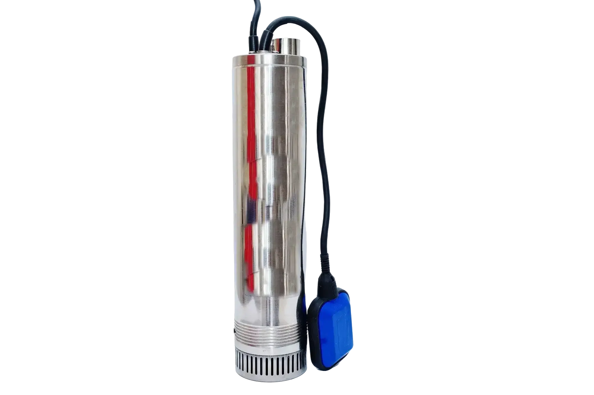 Slim stainless steel submersible pump with a black cord and blue float switch