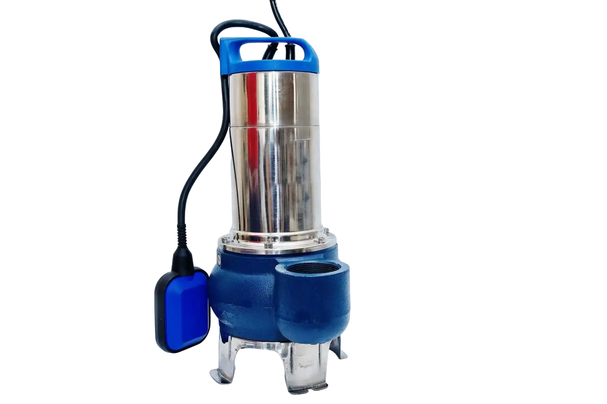 Stainless steel sump pump with a blue handle, cast iron base and hanging float switch