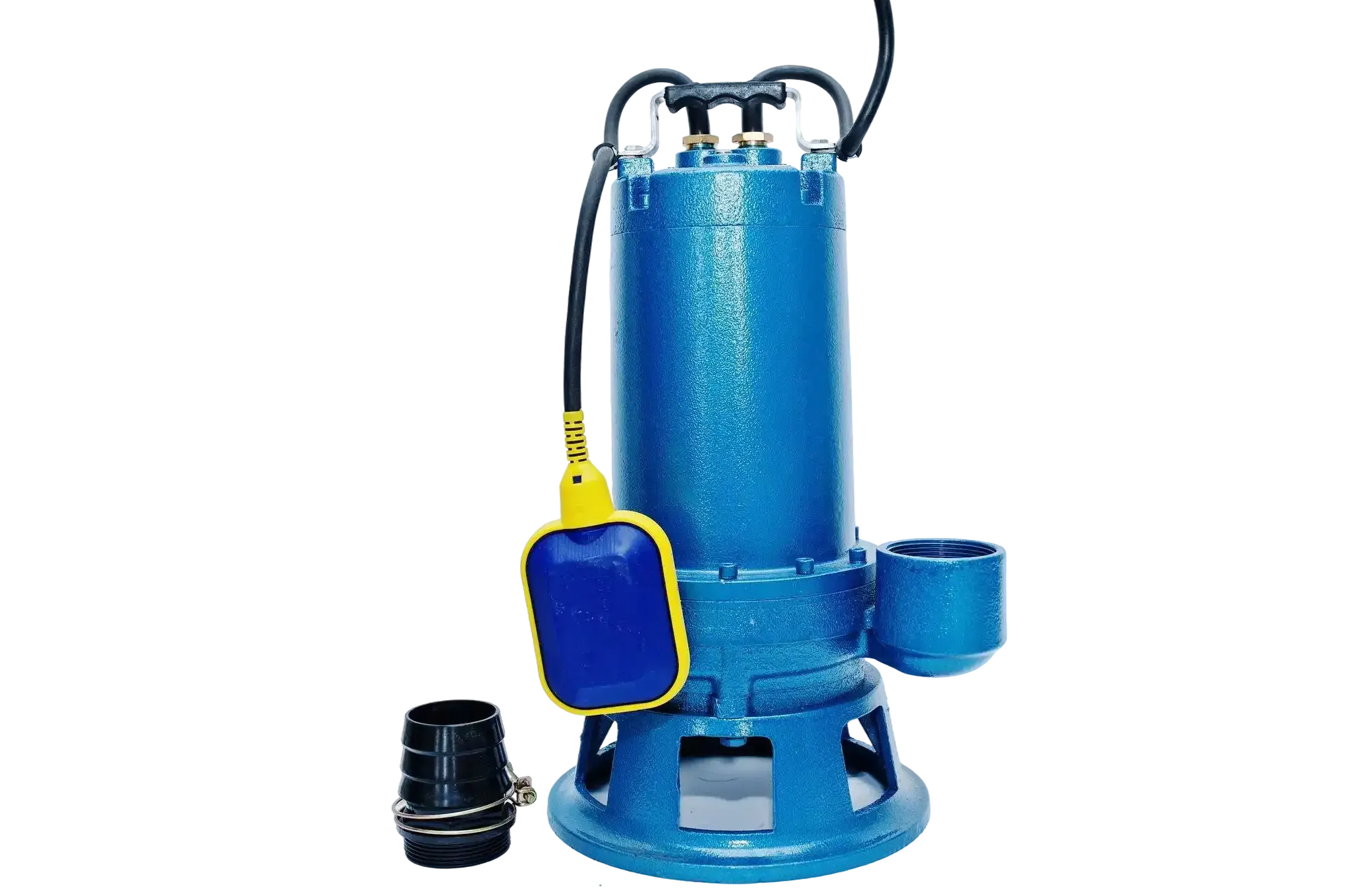 Blue cast iron submersible sewage pump with a float switch and a black hose adapter