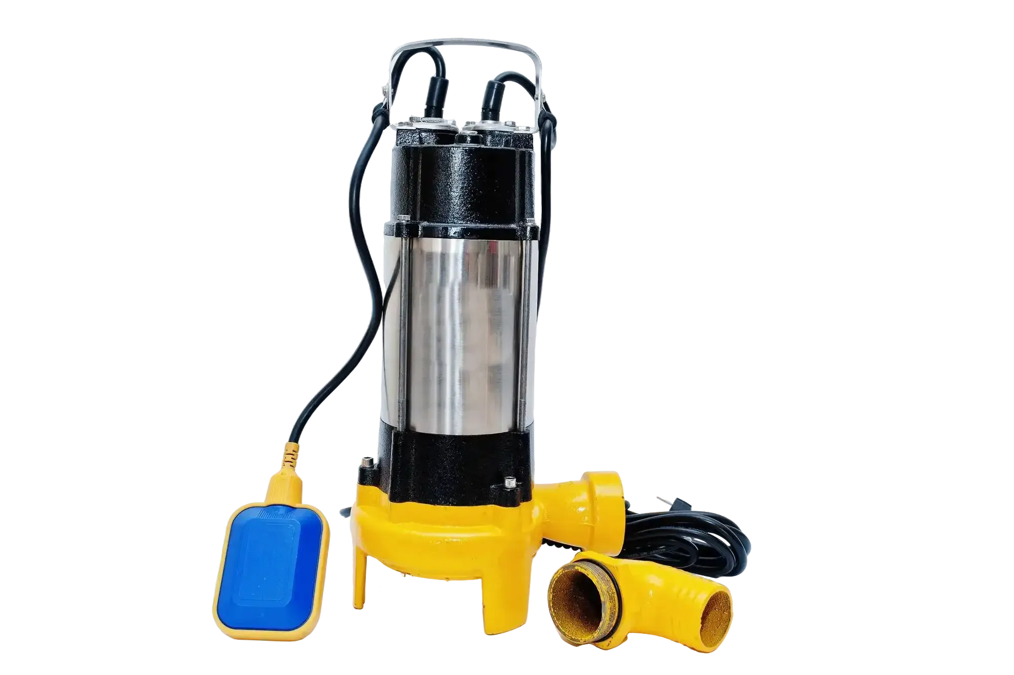 Black and stainless submersible pump on a yellow base with a float switch and yellow outlet elbow