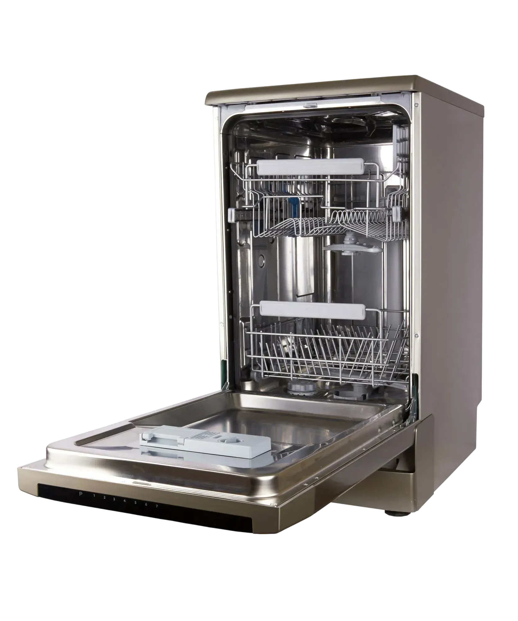 Freestanding stainless dishwasher with its door open, showing upper and lower wire racks
