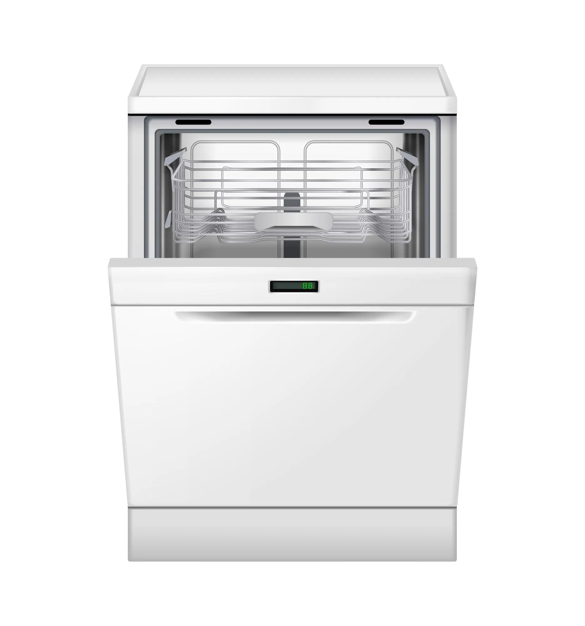 Illustration of a white dishwasher with its door partly open, showing an empty wire rack and digital display
