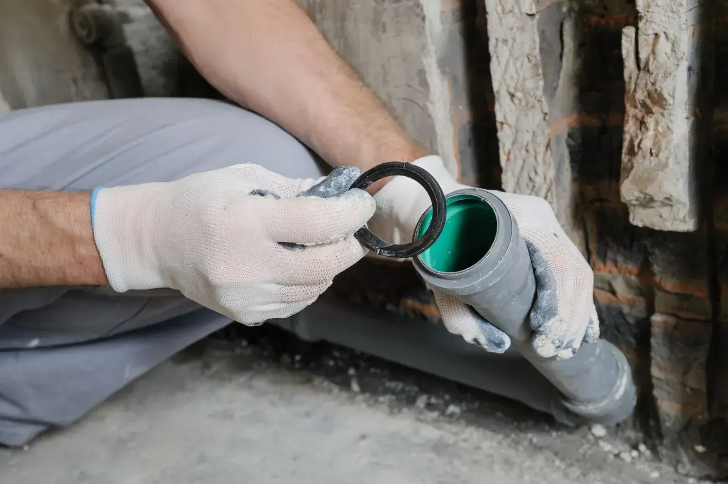 Gloved hands fitting a rubber seal ring onto a gray plastic drain pipe at floor level