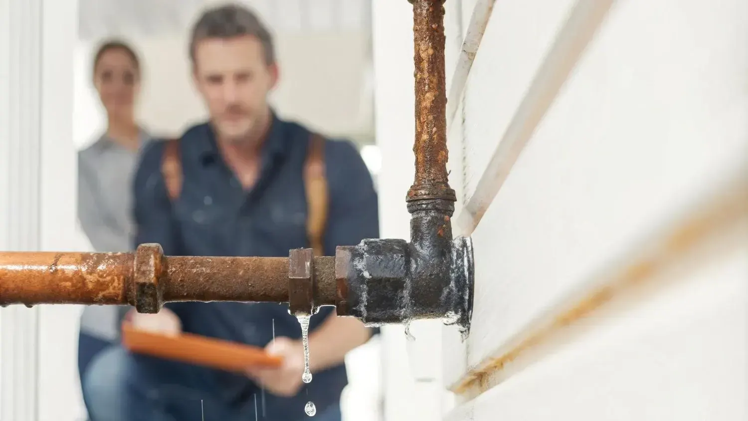 Water dripping from a rusted pipe joint as a plumber with a clipboard and a homeowner look on