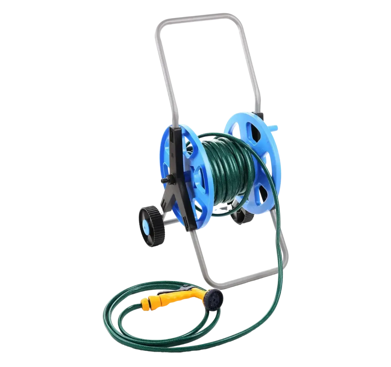 Green garden hose wound on a blue wheeled hose reel cart with a yellow spray nozzle