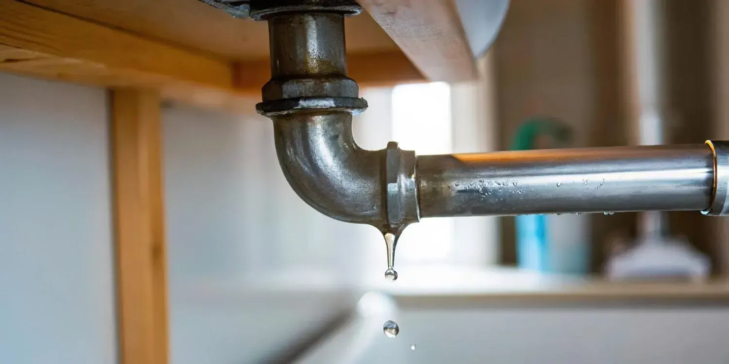 Water droplet falling from a leaking metal pipe elbow under a sink