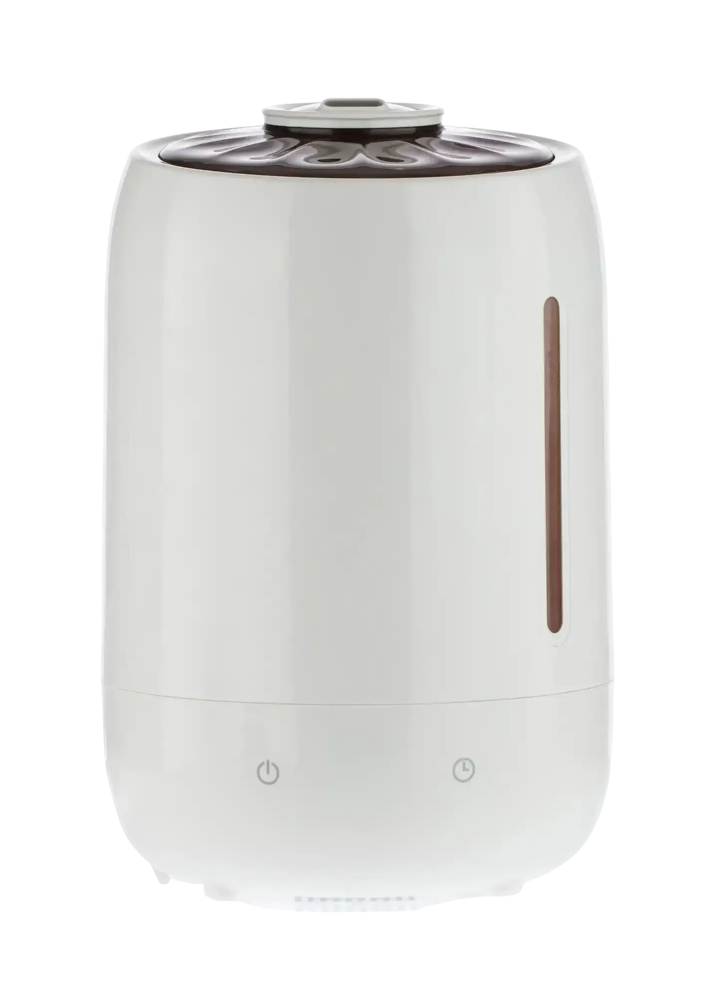 White cylindrical room humidifier with a water level window and touch buttons