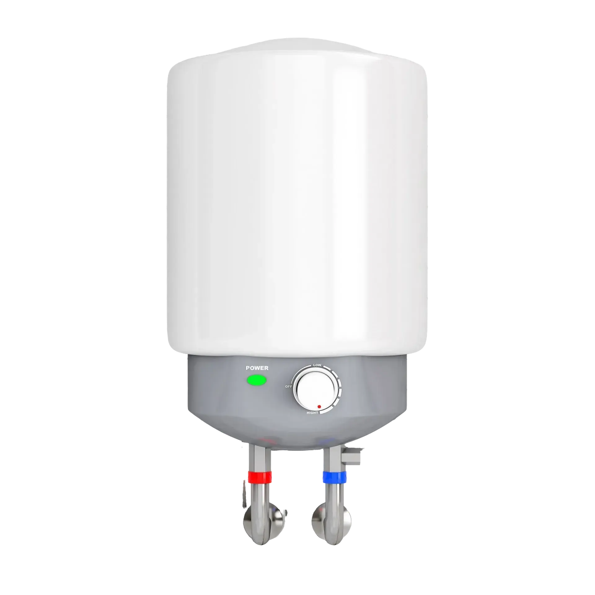 White compact electric tank water heater with a temperature dial and hot and cold pipe connections