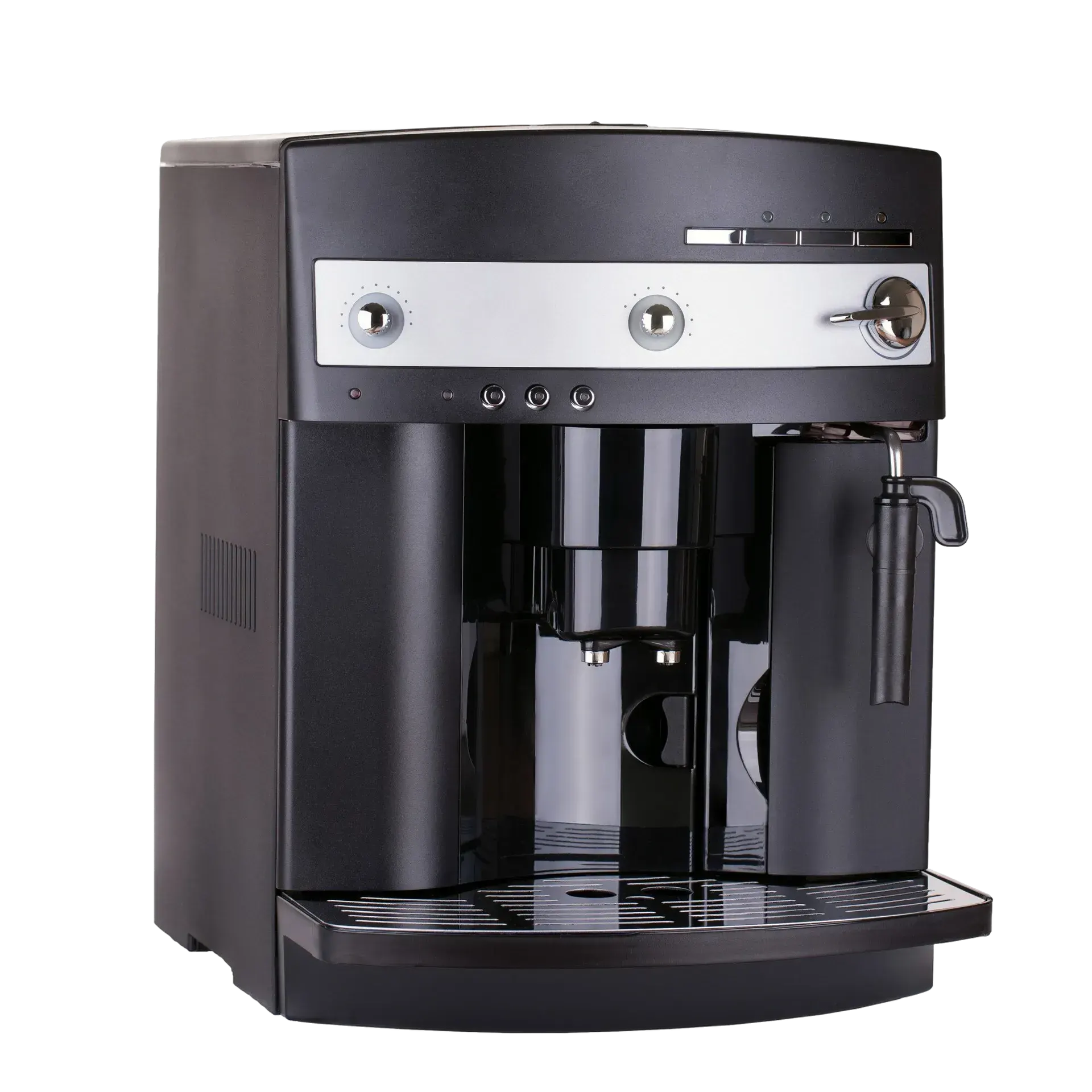 Black automatic espresso machine with a steam wand and drip tray