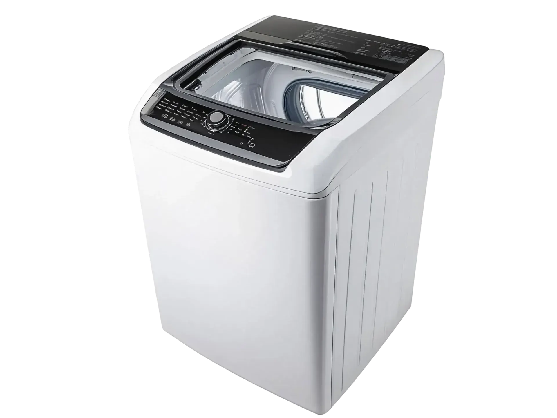 White top-load washing machine with a glass lid and control dial