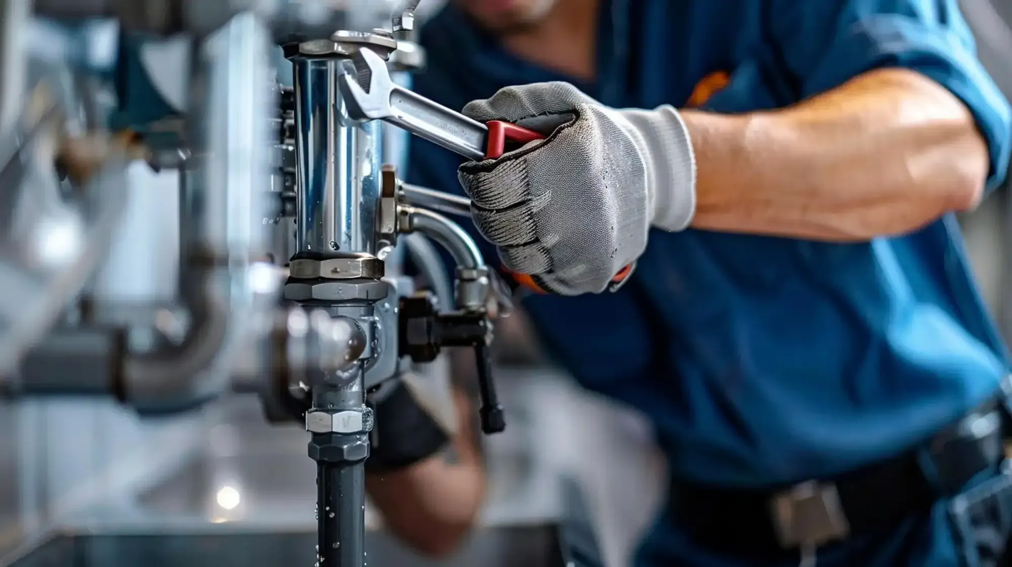 Gloved plumber tightening a chrome pipe fitting under a sink with a wrench
