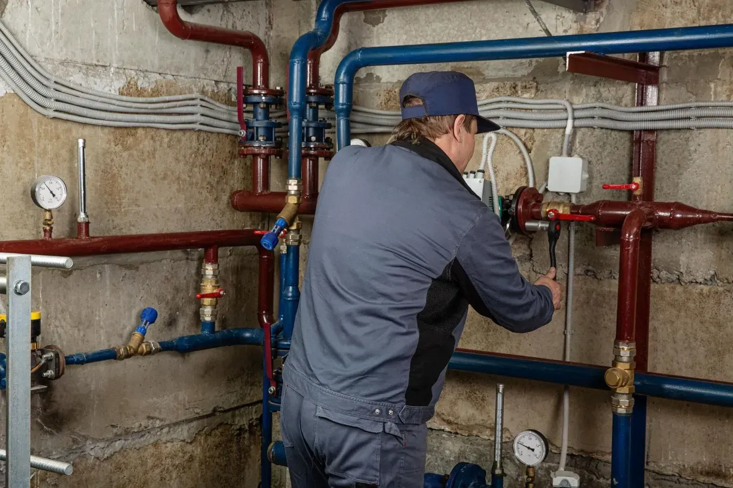 Plumber in a cap turning a valve on red and blue heating pipes in a basement mechanical room