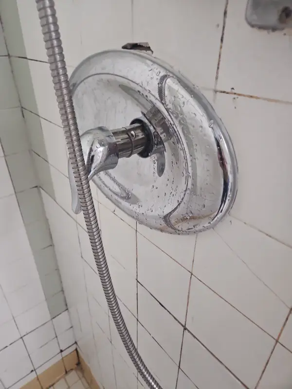 Chrome single-handle shower valve trim on a white tiled wall beside a hand shower hose
