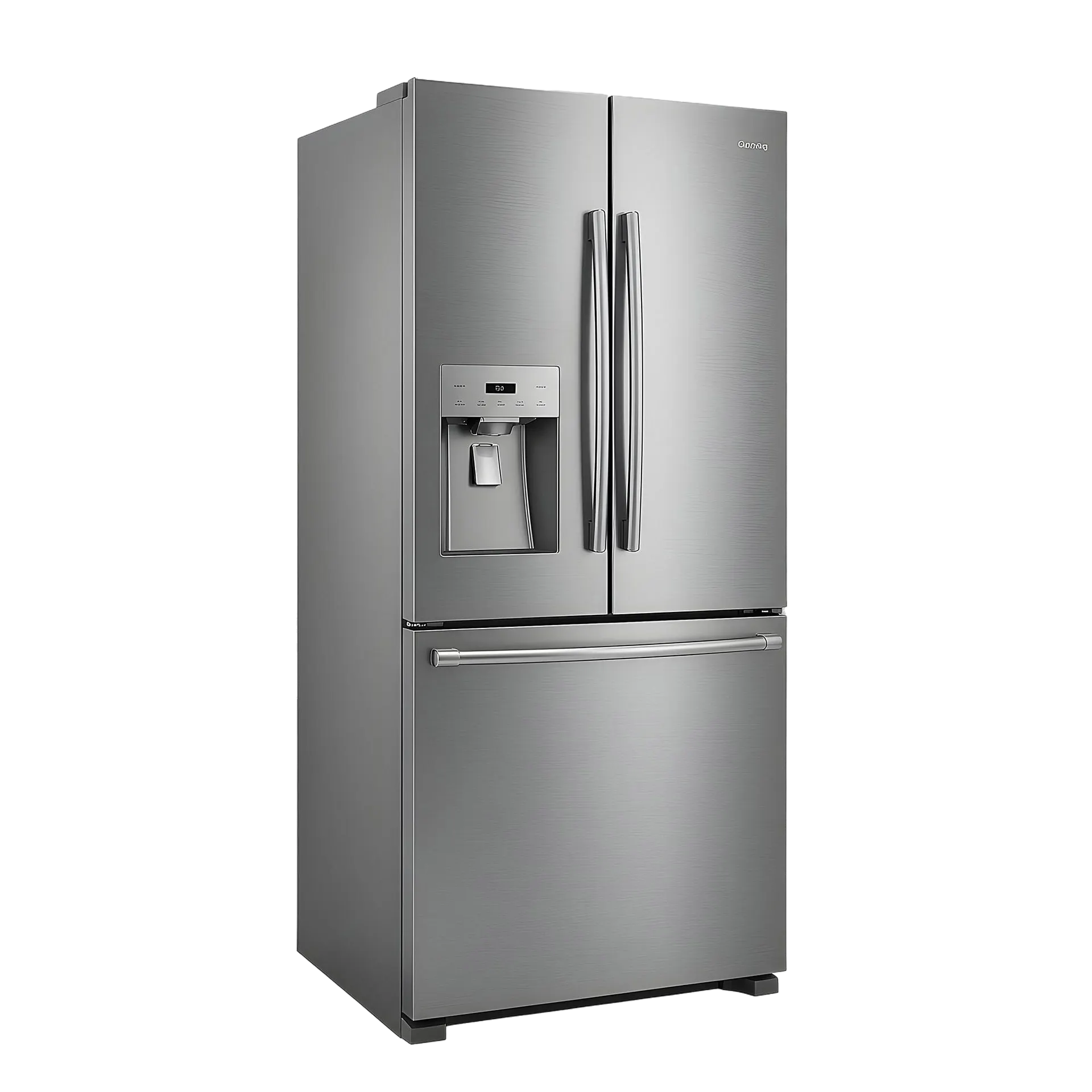 Stainless steel French door refrigerator with a water and ice dispenser in the door