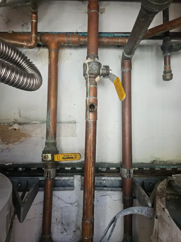 Copper water lines with Watts ball valves feeding two water heaters in a utility room