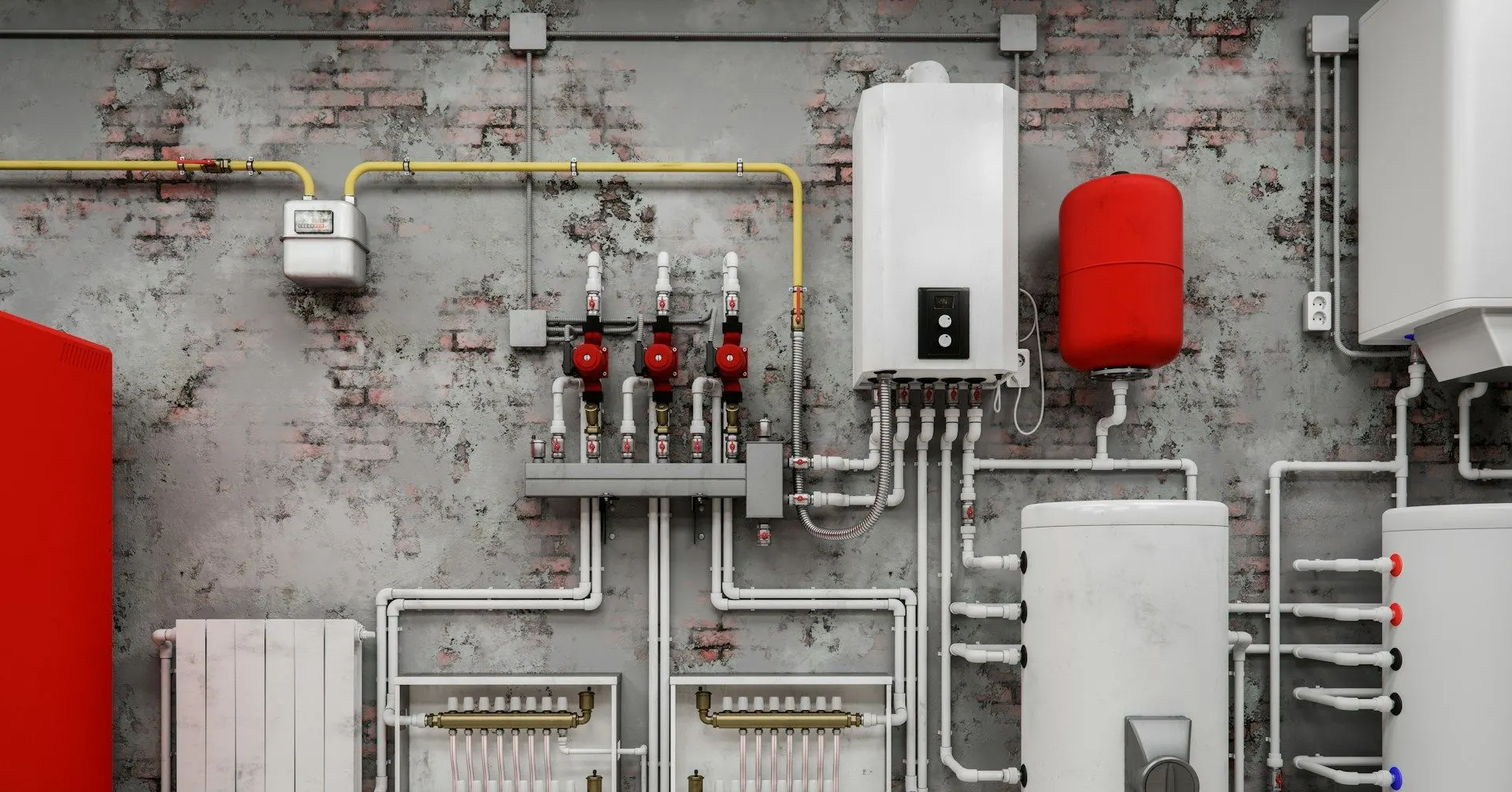 3D render of a boiler room with gas meter, wall boiler, expansion tank, manifolds and storage water heaters